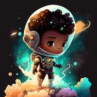 Adorable black boy astronaut, in outer space, standing on a planet, bright colorful asteroids and galaxies, moonlight shining down, chibi style. Emblem for space travel, technology, cute photo