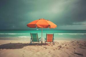 Two beach chairs and umbrella on the  tropical beach with sea and sky background, vintage color tone photo