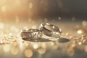 Wedding rings with silver and gold on bokeh background in the style of glitter and diamond dust. Closeup photo with copy space for text