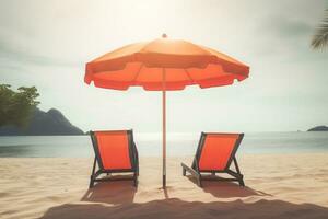 Two beach chairs and umbrella on the  tropical beach with sea and sky background, vintage color tone photo