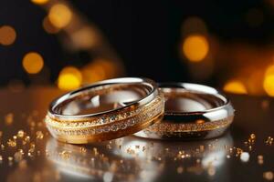 Wedding rings with silver and gold on bokeh background in the style of glitter and diamond dust. Closeup photo with copy space for text