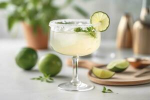 Refreshing classic Margarita cocktail with lime and mint on white table in white kitchen. Closeup photo with space for text