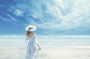 hermosa mujer en blanco vestir y sombrero caminando en el hermosa tropical playa y mar con azul cielo antecedentes. verano vacaciones concepto foto