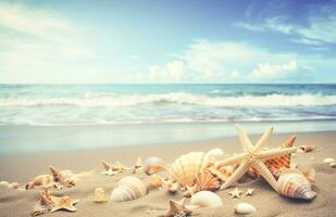 conchas marinas y estrella de mar en el hermosa tropical playa y mar con azul cielo antecedentes. verano vacaciones concepto foto