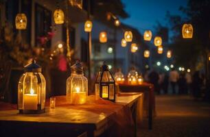 Abstract Blurred image of Night Festival in garden with bokeh for background usage. Concept of vintage tones photo