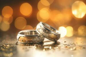 Wedding rings with silver and gold on bokeh background in the style of glitter and diamond dust. Closeup photo with copy space for text