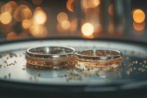 Boda anillos con plata y oro en bokeh antecedentes en el estilo de Brillantina y diamante polvo. de cerca foto con Copiar espacio para texto