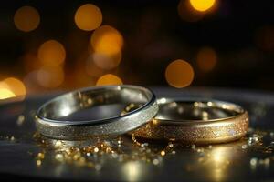 Wedding rings with silver and gold on bokeh background in the style of glitter and diamond dust. Closeup photo with copy space for text