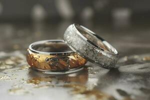 Wedding rings with silver and gold on bokeh background in the style of glitter and diamond dust. Closeup photo with copy space for text