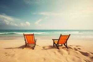 Two wooden chairs on the tropical beach with blue sky background, vintage tone photo