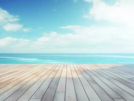 mar antecedentes con madera piso primer plano en horizonte tropical arenoso playa. borroso playa antecedentes. concepto verano, playa, mar, relajarse foto