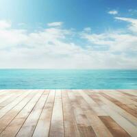 Sea background with wood floor foreground on horizon tropical sandy beach. Blurred beach background. Concept Summer, Beach, Sea, Relax photo