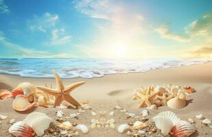 Seashells and starfish on the beautiful tropical beach and sea with blue sky background. Summer vacation concept photo