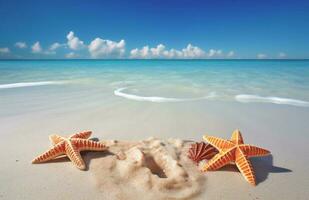 Seashells and starfish on the beautiful tropical beach and sea with blue sky background. Summer vacation concept photo