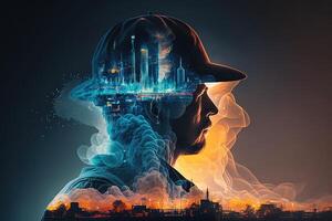 Conceptual graphic design of an energy sector and future manufacturing. With double exposure artwork, an oil, gas, and petrochemical refinery facility demonstrates the future of power. photo