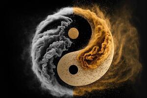 Golden and black yin yang symbol with floating powder on black background. abstraction, Buddhism, Hinduism, symbol, religion, balance concept. photo