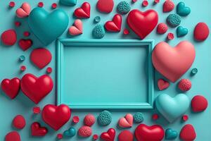 Valentine frame and banner. Red, blue, cyan, pink decoration. flat lay, romantic. Love and valentine day concept. photo