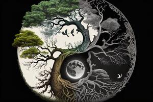 ying yang concepto de equilibrar yggdrasil árbol de vida nórdico mitología. equilibrar concepto. generativo ai foto