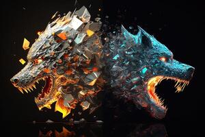 fusion of metal wolf exploding through fire surrounded by scattered glass shards and debris, cosmic energy photo