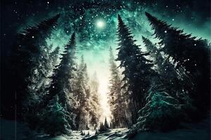 christmas decorated green spruce trees in winter forest, Abstract fantasy festive christmas tree background header wallpaper, winter abstract landscape. Sunlight in the winter forest. photo