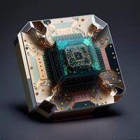 a quantum chip, A futuristic glowing CPU quantum computer processor. Digital chip with HUD elements. Futuristic microchip processor. Modern CPU illustration . Central Computer Processors photo