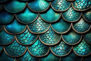 Dragon scales background - turquoise shining shells . Simple background made of dragon scale armor illustration . photo