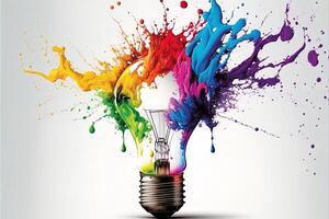 illustration of colorful bulb with splash of colors on white background. Creativity, eureka, imagination, inspiration. . Idea and solution concept photo