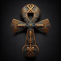 Ancient golden ankh symbol isolated on dark background. Illustration of an Egyptian cross in digital form. The ancient Egyptians used the Ankh as a symbol for eternal life. photo