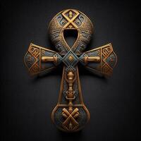 Ancient golden ankh symbol isolated on dark background. Illustration of an Egyptian cross in digital form. The ancient Egyptians used the Ankh as a symbol for eternal life. photo