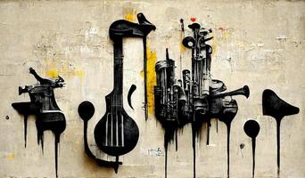 , Abstract Street art with keys and musical instruments silhouettes. Ink colorful graffiti art on a textured paper vintage background, inspired by Banksy photo