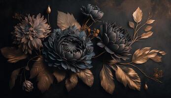 , Close up of blooming flowerbeds of amazing black flowers on dark gothic moody floral textured background. Photorealistic effect. photo