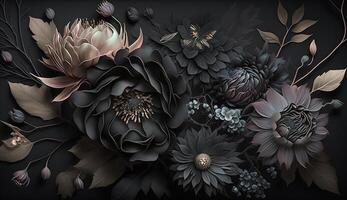 , Close up of blooming flowerbeds of amazing black flowers on dark gothic moody floral textured background. Photorealistic effect. photo