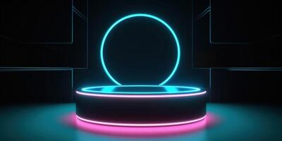 , Sci-Fi Futuristic neon glowing banner with podium. Abstract cyberpunk background for promotion goods. Mockup template photo