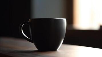 , Black ceramic cup set-up in at home interior, mug mock up blank. photo