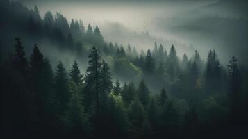 , Misty fir forest beautiful landscape in hipster vintage retro style, foggy mountains and trees photo