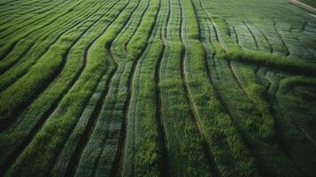 , field of green grass with water sprinkled, aerial view drone photography. Swamp landscape. photo