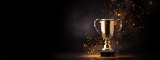 , Winner trophy with flames, golden champion cup with falling confetti on dark background photo