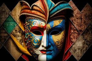 Illustration, multicolored carnival mask party inspired in ancient venetian dominos photo