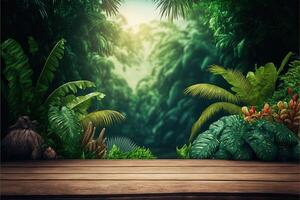 Tropical background with a wooden table on the forefront and lush vegetation with lots of copy space, perfect for editing with your product. Empty ready for your product display. photo