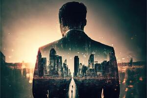 The double exposure image of the business man standing back overlay with cityscape image. The concept of modern life, business, city life and internet of things. photo