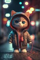 toy cute cat in clothes jacket and sneakers on street background with neon lighting, photo