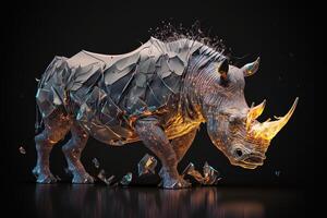 fusion of metal Rhino exploding through fire surrounded by scattered glass shards and debris, cosmic energy photo