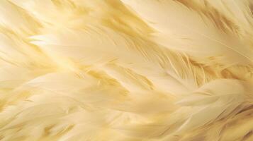 , Beautiful light yellow closeup feathers, photorealistic background. Small fluffy yellow feathers randomly scattered forming photo