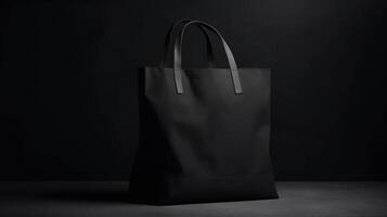 , Realistic black tote canvas fabric bag set-up in at interior or outdoor, shopper mock up blank. photo