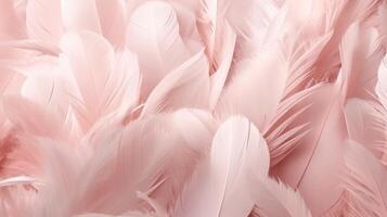, Beautiful light pink closeup feathers, photorealistic background. Small fluffy pink feathers randomly scattered forming photo