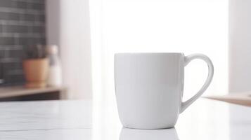 , White ceramic cup set-up in at home interior, mug mock up blank. photo