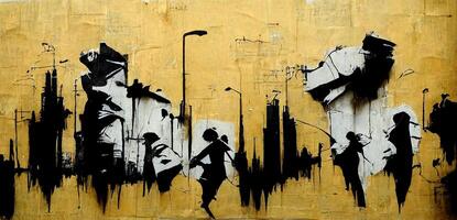 , Ink black street graffiti art on a textured paper vintage background, inspired by Banksy. photo