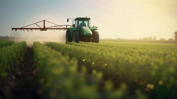 , Tractor spraying a field, Farm landscape, agricultural beautiful countryside, country road. Nature Illustration, photorealistic top view horizontal banner. photo