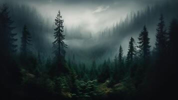 , Misty fir forest beautiful landscape in hipster vintage retro style, foggy mountains and trees photo