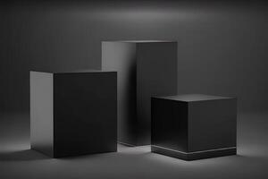 elegante Tres negro cubo estar para producto colocación Bosquejo. oscuro podio exposición escena antecedentes. mínimo caja plataforma sala de exposición con Mancha ligero generativo ai foto